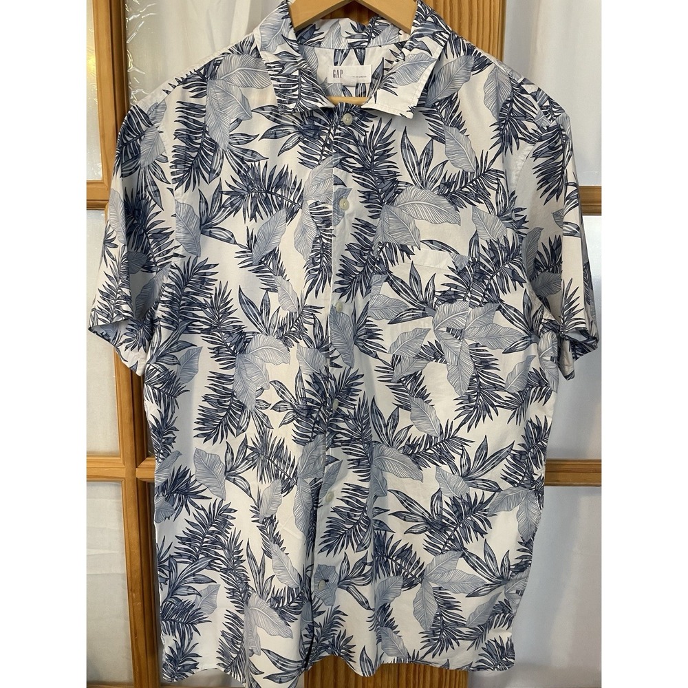 Y2K Gap Hawaiian Shirt Up Mens L Blue White Short Sleeve Beach Tropical Party